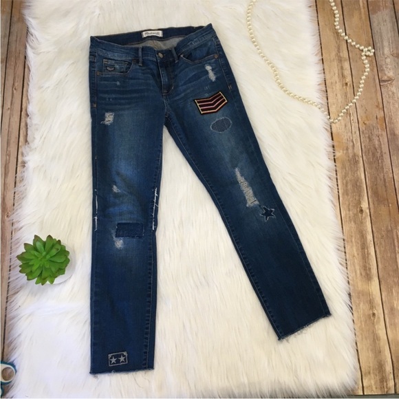 🍀3/$30 Madewell skinny military inspired patchwork jeans limited edition 26 - Picture 2 of 11